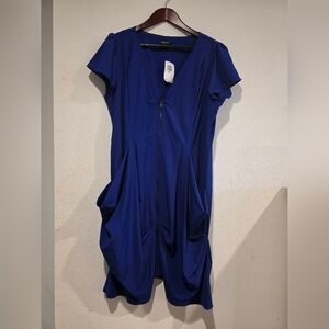 City Chic Royal Blue Dress Sz 16 Short Mini Zipper Front V-Neck Draped Pockets